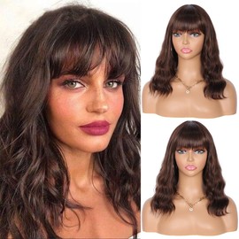 Kalyss 14" Synthetic Brown Highlights Wigs with Hair Bangs Short Wavy Curly Wig for Women Natural Looking and Heat Resistant Full Head Hair Replacement Wig for Daily Wear or Costume Wig