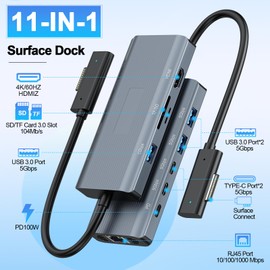 New Surface Docking Station 11-in-1 Surface Dock 2 4K@60HZ HDMI USB C Travel Dock for Surface Pro 12/11/10/9/8/X/7/6/5/4, Laptop 6/5/4/3/2/1,Laptop Go 3/2/1,Book