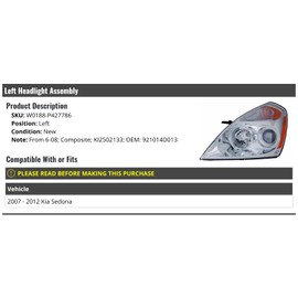 Marketplace Auto Parts Left Driver Side Headlight Assembly - Compatible with 2007-2012 Kia Sedona (Fits From 6/2008)