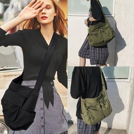 Bolsa Crossbody Lona Mujer, Bolso de Mensajero de Lona Vintage Clásico con Múltiples Bolsillos Bolsa Crossbody Mujer Grande para Compras, Viajes y Trabajo(Verde)