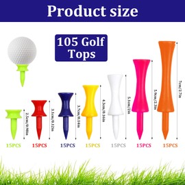 HuangXinyu Pack of 105 Plastic Golf Tees, Reusable Plastic Castle Tee for Golfers, Short and Long, 7 Colours in 25/31/37/43/51/59/70 mm