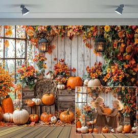 7 x 5 ft Fall Backdrop Autumn Pumpkin Rustic Wooden Floor Barn Harvest Family Holiday Photo Background Maple Leaves Thanksgiving Photoshoot Portrait Photo Backdrops Decorations