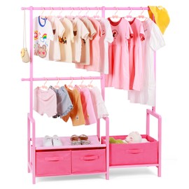 Relquorax Bamboo Kids Clothing Rack with Triple Hanging Poles, Child Dress Up Rack, Small Organizer Garment Rack with 3 Storage Bins, for Costumes and Accessories (Pink)