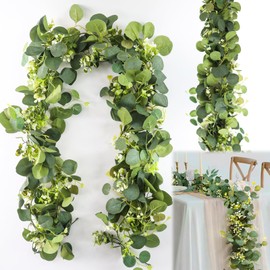 GENHH Pack of 2 Eucalyptus Garland, 1.8 m Eucalyptus Decoration, Artificial Garland Plant Hanging Green Leaves Decoration with White Flowers Silver Dollar for Weddings, Dining Tables, Mantles, Stairs,