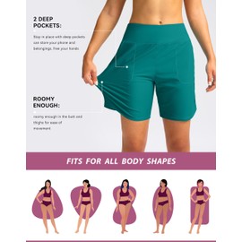 Viodia Women's 7" Swim Board Shorts High Waisted Modest Swimsuit Bathing Suit Beach Swimming Trunks for Women with Pockets Lake Blue