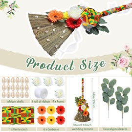 Yungyan Wedding Brooms for Jumping Ceremony Kente Bride Bridegroom DIY Whisk Brooms 12 x 29 Inch with Kente Cloth Gerbera Daisies African Shells for Wedding Ceremony Craft
