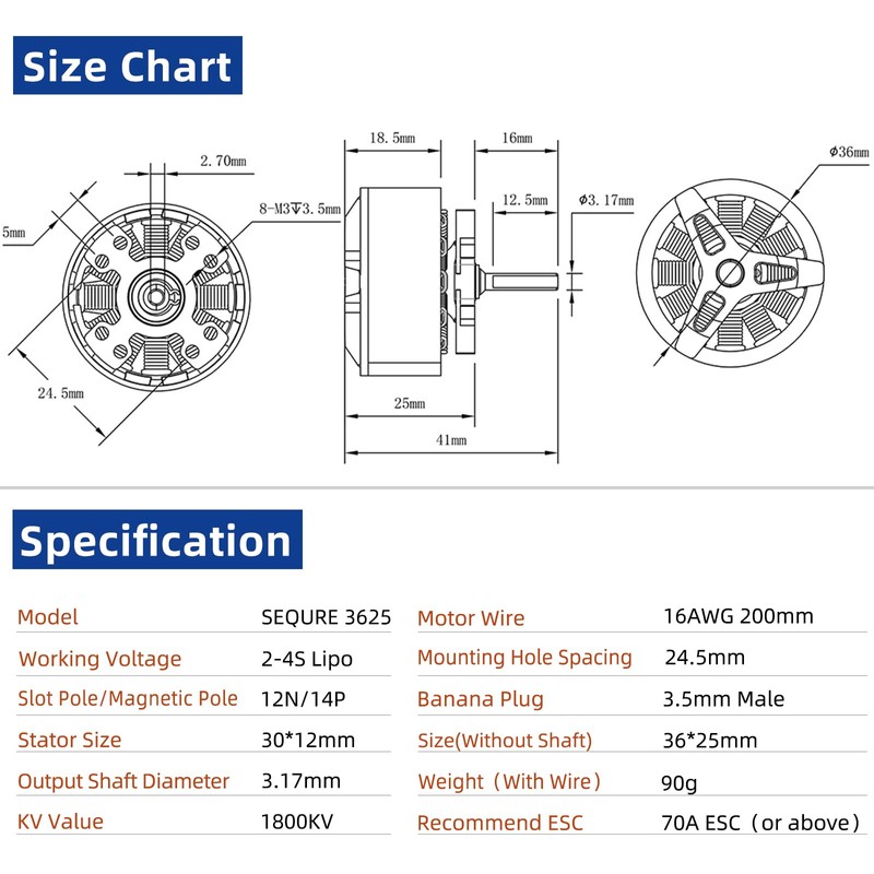 SEQURE 3625 Brushless Motor 1800KV Outrunner Motor 2-4S Outer Rotor