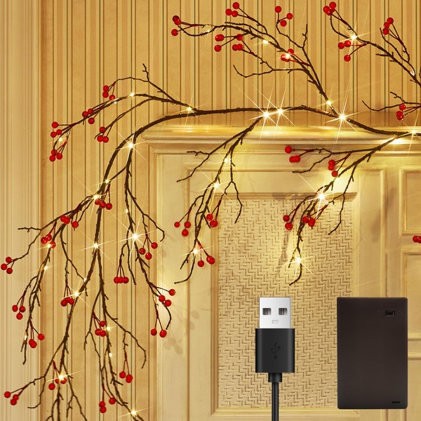 Fudios Lighted Red Berry Garland with Timer 120 LED 6FT