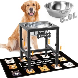 ADENGL 1.6 Gallon Elevated Dog Water Bowl for Large Dogs, 4-Height Adjustable (15–20'') Raised Stainless Steel Bowl with Spill-Proof Mat & Sturdy Metal Stand, Easy-Clean Feeder for Indoor/Outdoor Use