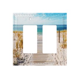 Coastal Sunny Beach Scenery 2 Gang Double Rocker/GFCI Light Switch Cover Decorative Outlet Wall Plate Electrical Faceplate Sunny Beach Home Bedroom Art Panel Decor Screwless Light Blue Yellow