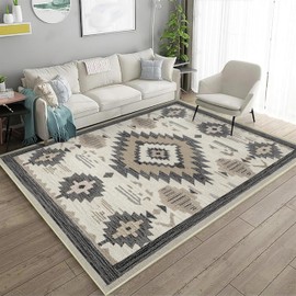 Western Area Rug 4x6 for Living Room Southwestern Aztec Rugs Machine Washable Tribal Navajo Southwest Rug Non Slip Printed Low-Pile Indoor Floor Carpet for Dining Room Bedroom Office, Beige