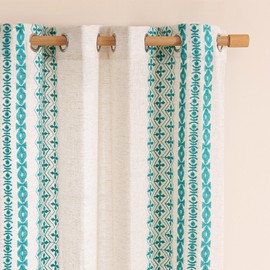 Blue Boho Curtains 2 Panels for Bedroom Teal Curtains 96 Inches Long Farmhouse Geometric Embroidered Drapes for Living Room Turquoise Bohemian Light Filtering Grommet Window Treatments Teal on Ivory