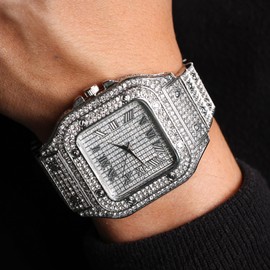 Halukakah Diamond Gold Watch Iced Out, Men's 18 Carat Real Gold/Platinum White Gold Plated Quartz Bracelet 24 cm Square Dial, with Tennis Chains Necklace Bracelet Set Options, Comes with Gift Box,