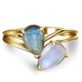 ETERMBOL 14K Gold Toi et Moi Ring Moonstone & Labradorite Ring Sterling Silver Pear Cut Engagement Ring Double Stone Promise Ring for her Valentine Ring Size 9