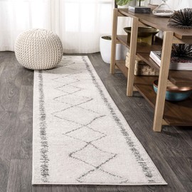 JONATHAN Y MOH203B-28 Zaina Moroccan Beni Souk Indoor Farmhouse Runner Rug Bohemian Minimalistic Geometric Easy-Cleaning Bedroom Kitchen Living Room Non Shedding, 2 X 8, Cream,Gray