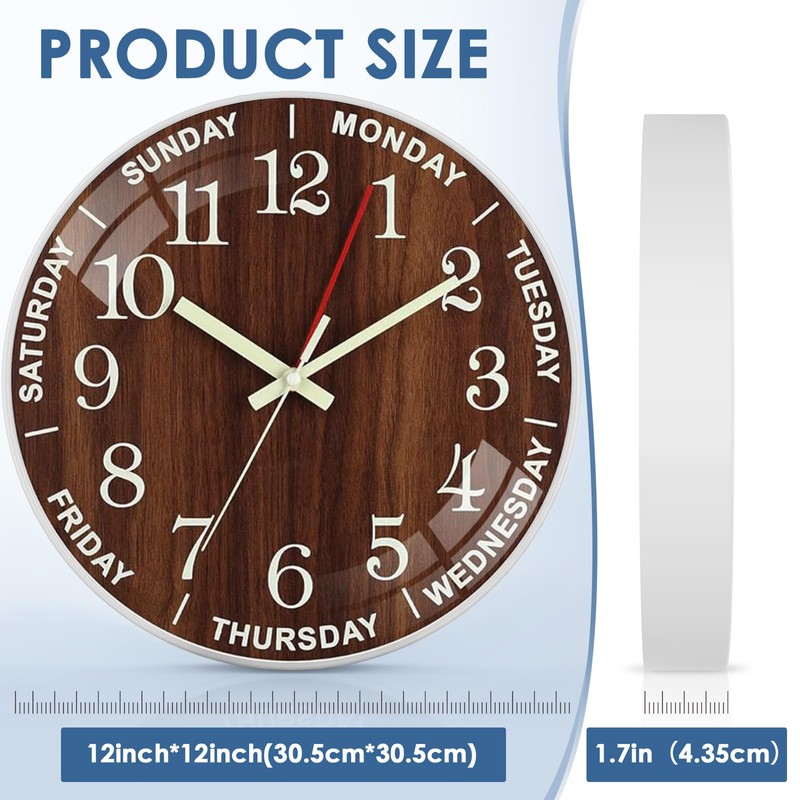 QINFIEY 12 Inch Day of Week Wall Clock, Non Ticking