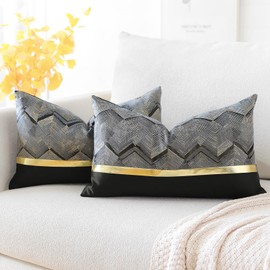 Artscope Set of 2 Cushion Cover for Sofa / Car / Bedroom Luxurious Modern Minimalist Golden Leather Stitching, Wavy Stripe Decorative Cushion Pillow Case 30 x 50 cm (Black)
