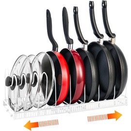 UrbAmerican Expandable Pot and Pan Organizer Rack for Cabinet, 2 Pack Pot Lid Holder with 10 Adjustable Compartments - Ideal Kitchen Cabinet Organizer for Cutting Board, Frying Pan, and More (White)