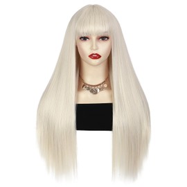 613 Blonde Long Straight Wig With Bangs Light Blonde Silky Straight Hair Wigs for Women 28 Inch Synthetic Heat Resistant Fiber Wig for Cosplay Daily Party Use