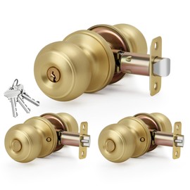 LOQRON Brushed Gold Keyed-NOT-Alike Flat Ball Door Knob with Keys and Lock, 3 Pack Wholesale Keyed Entry Round Design Doorknob for Front/Entrance Doors, Satin Brass Finish