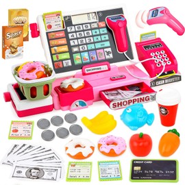 JoyGrow Electronic cash register children's role play supermarket toy grocery shop accessories cash register supermarket cash register with money, food, gift for children from 3 years (pink)