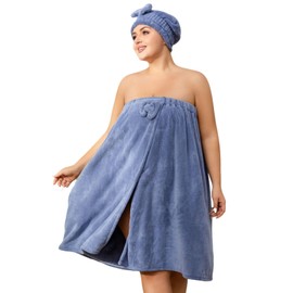 Plus Size Women's Towel Wrap with Hair Towel,Bath Wrap, Elastic Band, Fits 110-220 lbs, Soft Coral Fleece,Perfect as Shower Wrap Towel for Women or Velcro Towel Wrap Women (Blue)