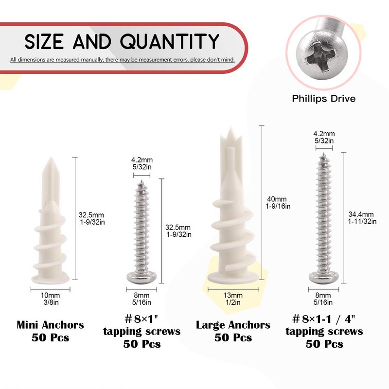 Hilitchi 200 Pieces 2 Size Plastic Self Drilling Drywall and