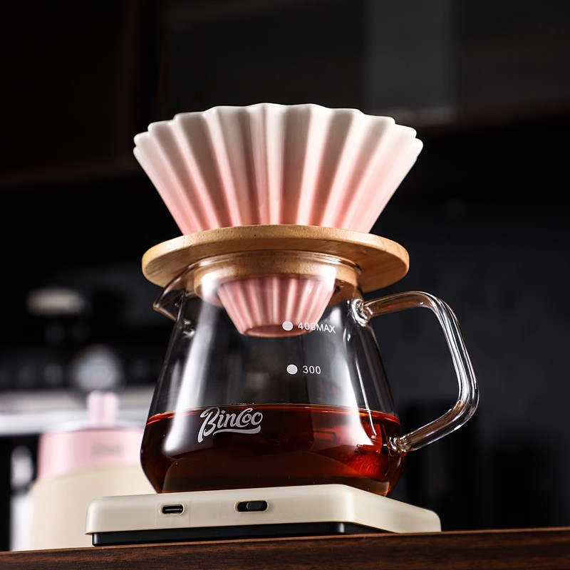 Bincoo Ceramic Coffee Dripper,Pour Over Coffee Dripper with Wood Stand,