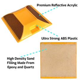 Road Reflectors Pack of 10 | 4 by 4 inch Street Pavement & Asphalt Stud Markers | Great Reflecting for Speed Bumps, Sidewalks, Pedestrian Crossings, Freeways & Driveways | Industrial Grade (Yellow)