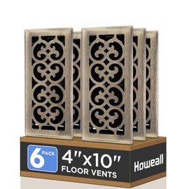 Howeall 4x10 Inches 6 Pack Heavy Duty Walkable Floor Register - Easy Adjust Air Supply Lever Decorative Floor Vent Covers, Charlotte Design Vent Covers for Home - Antique Brass