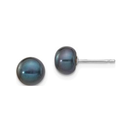 14K White Gold 6-7Mm Black Button Fw Cultured Pearl Stud Post Earrings