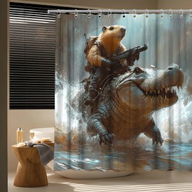 TQNNTQ Funny Capybara Shower Curtain Cool Rodent Animals Riding Crocodile Sea Wave Ocean Wild Animal Wildlife Bath Curtain Fabric Bathroom Accessories Decor with Hooks 70W x70L