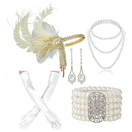 Cizoe 1920s Gatsby Accessories Set for Women Flapper Headband 20s Headpiece Necklace Gloves(ab4)
