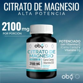 Citrato Magnesio Micronizado 2100mg + Camu Camu, Vitamina C Y D3 | Suplemento Alimenticio Oby Vitaminas Mujer Hombre | Complejo Magnesium Citrate Polv