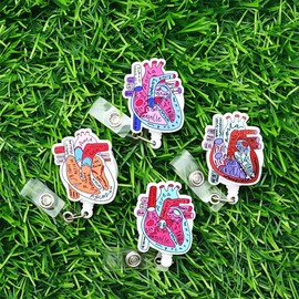4 Pcs Cute Anatomical Heart Badge Reel Retractable Nurse Accessories Bulk Funny Cardiac Cardiology Medical Nursing Badge Holder Fun Healthcare Badge Clip CNA LPN RN Social Worker Doctor ID Card Gifts