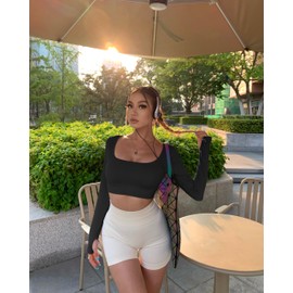 OQQ Women's Long-Sleeved Seamless Ribbed Top Fashion Leisure Sports Basic T-Shirt, black