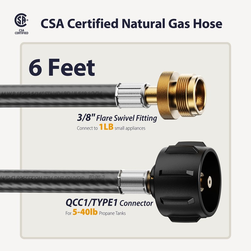 Propane Adapter Hose 6 Feet QCC-1 Quick Connect, 3/8" Female