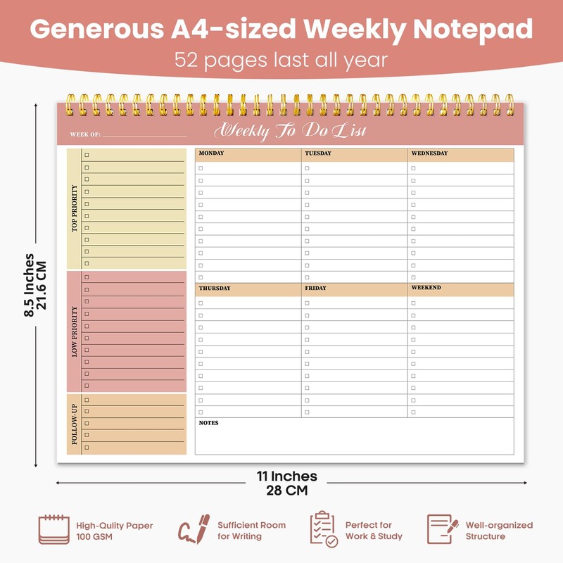 Weekly To Do List Notepad with 52 Undated Sheets（8.5"×11"）- Undated