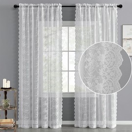 Kotile White Lace Curtains 90 Inches Long for Living Room, 2 Panels Country Vine Floral Pattern Sheer Lace Curtains for Bedroom, Rod Pocket Privacy Sheer Lace Window Curtains, 52 x 90 Inch, White