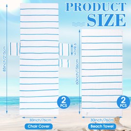 Redbaker 4 Pack Pure Cotton Pool Chair Cover and Beach Towel Set Stripe Lounge Chair Towel Covers with Top and Side Pockets Oversized Beach Chair Towel for Sunbathing Pool Lawn Patio (Blue)