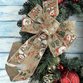 AbsoluteBestChoice Glitter Snowman Christmas Tree Bow - 10" Wide, 18" Long Pre-Tied Bow, Natural Burlap, Festive Door Decoration, Winter Wreath, Garland, Swag