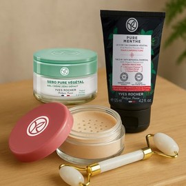 YVES ROCHER - Kit Rutina de Skincare Piel Mate, Incluye Limpiador Facial, Crema Facial para Imperfecciones, Rodillo Facial y Polvo Traslucido Ideal pa