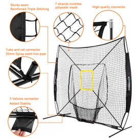 Storgem Baseball and Softball Practice Net 7×7ft Portable Hitting Pitching Batting Training Net Baseball Backstop Net with Batting Tee and Strike Zone and Bow Frame (Black Net and Tee Pro)