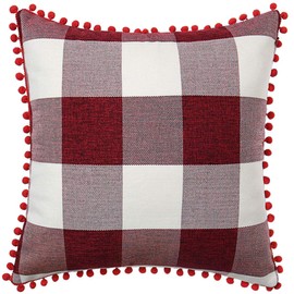 PiccoCasa 1 Pcs Buffalo Check Plaid Throw Pillow Cover with Pom Poms, 45 x 45cm, Retro Farmhouse Decorative Cushion Cover for Sofa Couch Bed Home Decor, Burgundy Beige Red
