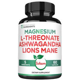 Satoomi 5in1 Magnesium L-Threonate with Mangesium Glycinate, Ashwagandha, Chelate & Lions Mane - Supports Brain Health & Mood - 60 Capsules