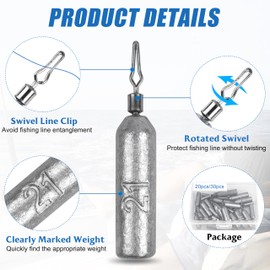 Drop Shot Fishing Weights Sinkers Pencil Weights No Snag Drop Shot Rig Skinny Sinkers with Barrel Swivels Fising Sinkers for Bass Saltwater Freshwater Fishing 1/8oz 30pcs