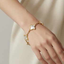 Krisy 14K Gold Plated Mother of Pearl Bracelet for Women, 5 Starfish Clover Charm Bracelet with Freshwater Pearl Accents, Adjustable Gold Chain Bracelet, Elegant Jewelry Gift