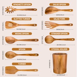 WOSPONFAN 9 PCS Kitchen Utensils Set - Wooden Spoons for Cooking, Natural Teak Wooden Utensils - Includes Wooden Spoons, Spatula Set, Slotted Spoon - Handmade Wooden Spoon Set