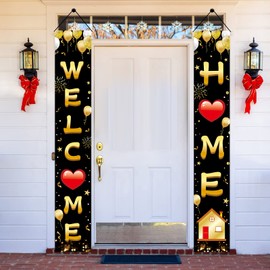 Welcome Home Door Banner Decoration, Black Gold Welcome Back Home Porch Banner for Outdoor, Military Homecoming Deployment Returning Party Supplies