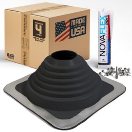 Fasteners Plus #4 Square EPDM Metal Roof Pipe Flashing Boot with Complete Install Kit (Made in USA), Fits 2-3/4” - 7” Pipe OD, Black
